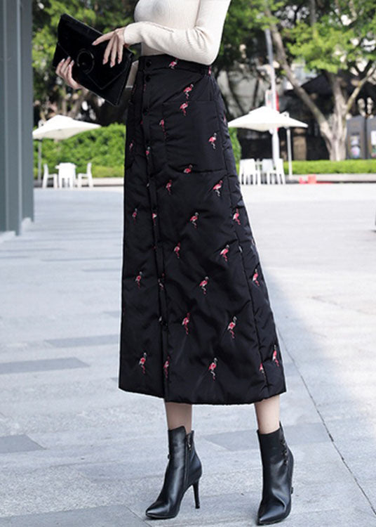 DIY Black Embroideried Button Fine Cotton Filled Skirt Winter