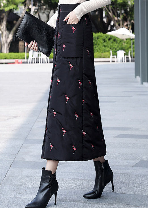 DIY Black Embroideried Button Fine Cotton Filled Skirt Winter
