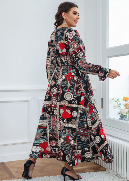 DIY Black O-Neck Print High Waist Vacation Long Dresses Fall