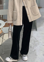 DIY Black Oversized Pockets Silk Velour Straight Pants Fall