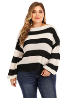 DIY Black White Striped Patchwork Knit Sweater Lantern Sleeve