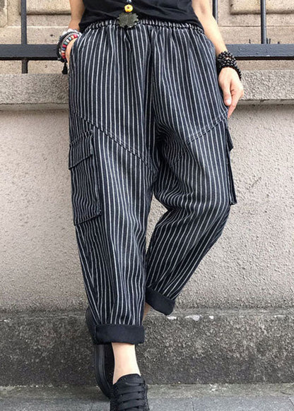 DIY Black high waist Striped denim harem pants Spring