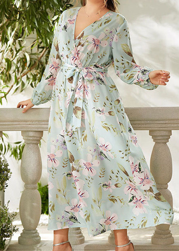 DIY Blue V Neck Print Tie Waist Chiffon Long Dress Fall