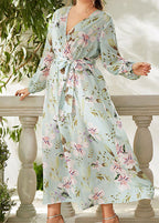 DIY Blue V Neck Print Tie Waist Chiffon Long Dress Fall