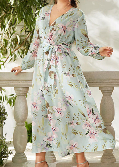 DIY Blue V Neck Print Tie Waist Chiffon Long Dress Fall