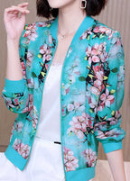 DIY Blue V Neck Zippered Print Patchwork Silk Jacket Summer