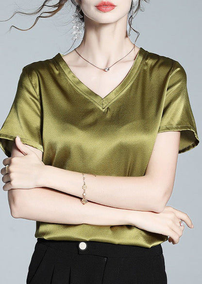 DIY Green V Neck Solid Silk Top Summer