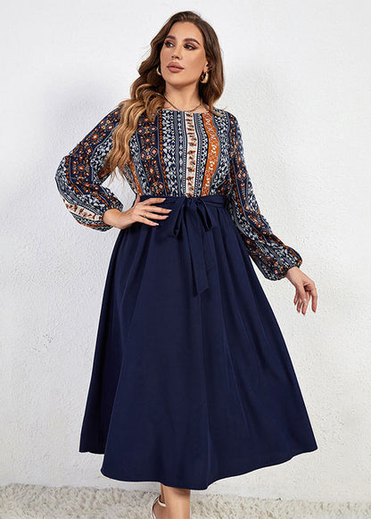 DIY Navy O Neck Print Tie Waist Patchwork Chiffon Dresses Long Sleeve