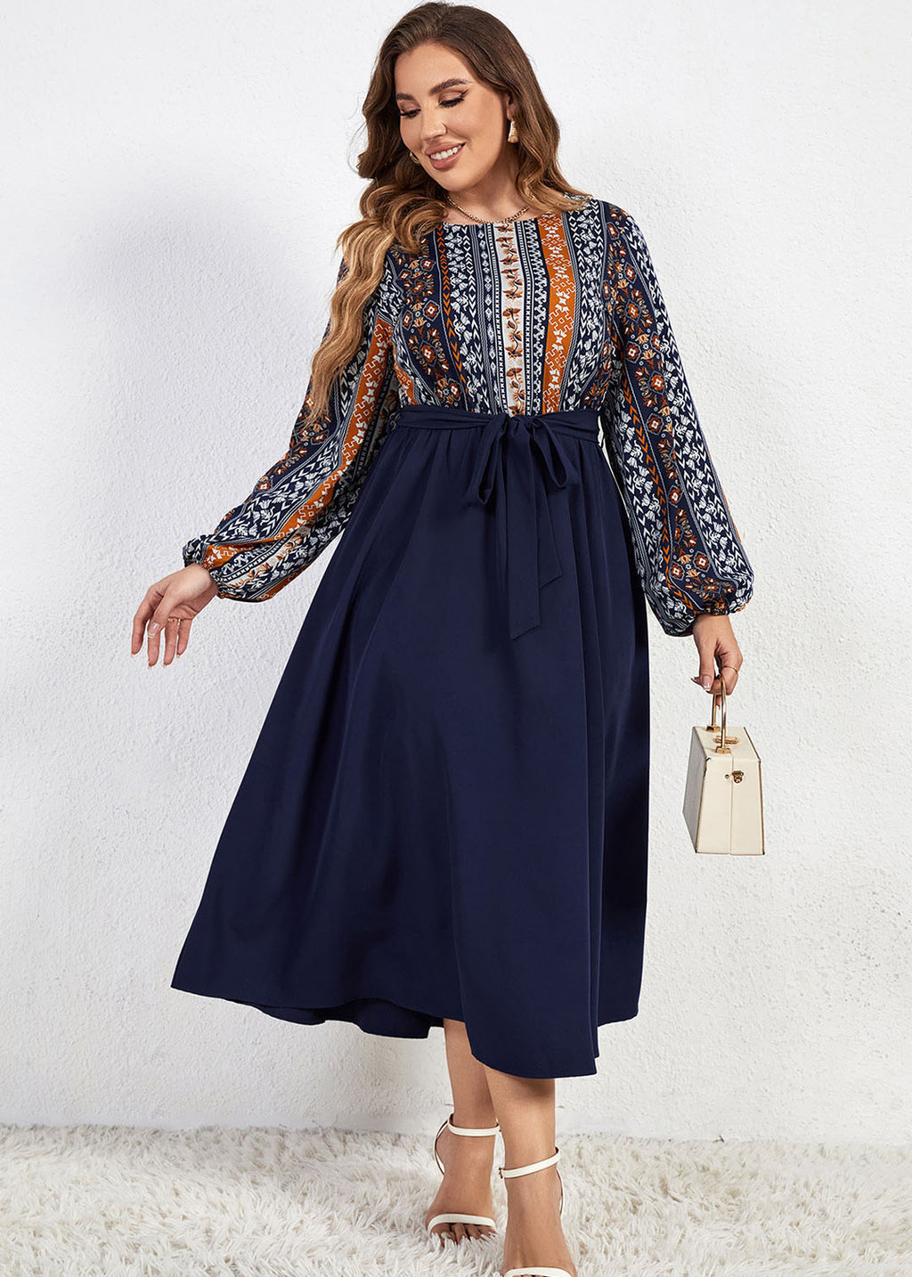 DIY Navy O Neck Print Tie Waist Patchwork Chiffon Dresses Long Sleeve