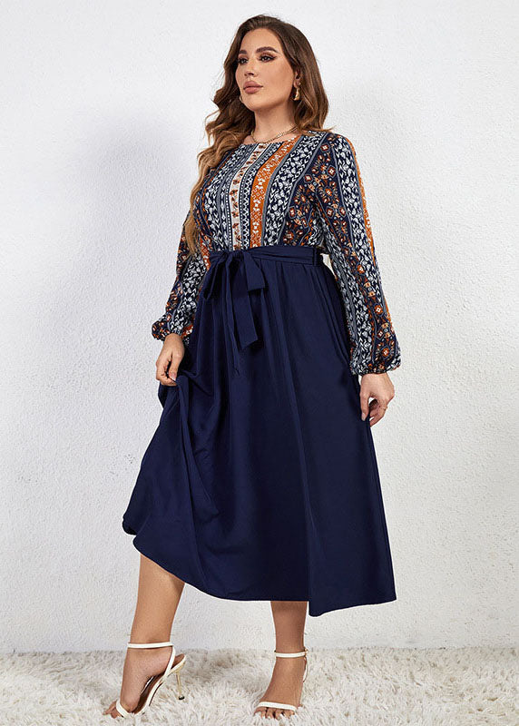 DIY Navy O Neck Print Tie Waist Patchwork Chiffon Dresses Long Sleeve