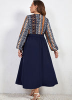 DIY Navy O Neck Print Tie Waist Patchwork Chiffon Dresses Long Sleeve