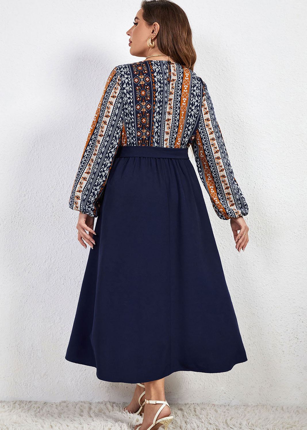 DIY Navy O Neck Print Tie Waist Patchwork Chiffon Dresses Long Sleeve