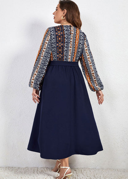 DIY Navy O Neck Print Tie Waist Patchwork Chiffon Dresses Long Sleeve