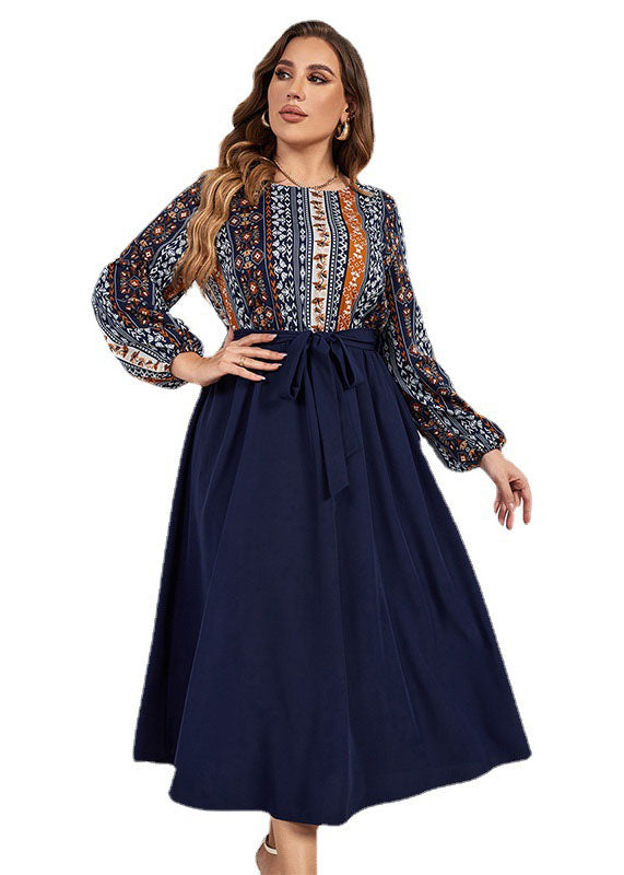 DIY Navy O Neck Print Tie Waist Patchwork Chiffon Dresses Long Sleeve