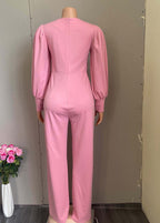 DIY Pink O-Neck Patchwork Solid Straight Jumpsuits Fall