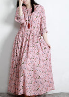 DIY Pink Print V Neck Long sleeve Party Summer Cotton Dress