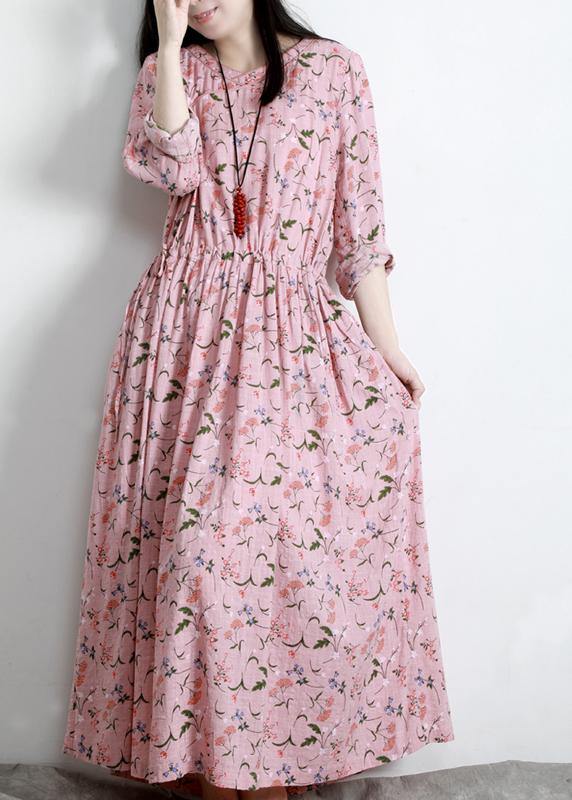 DIY Pink Print V Neck Long sleeve Party Summer Cotton Dress