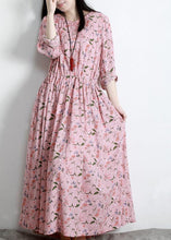 Load image into Gallery viewer, DIY Pink Print V Neck Long sleeve Party Summer Cotton Dress