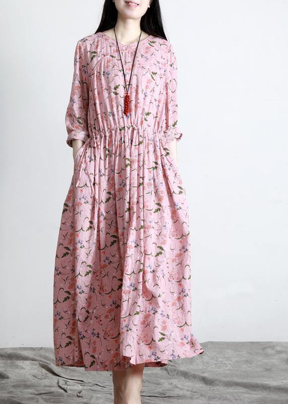 DIY Pink Print V Neck Long sleeve Party Summer Cotton Dress