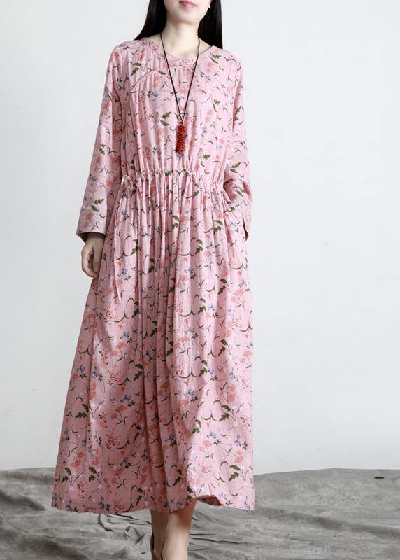 DIY Pink Print V Neck Long sleeve Party Summer Cotton Dress