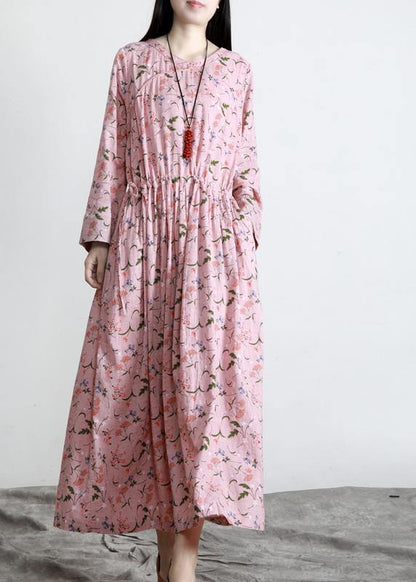 DIY Pink Print V Neck Long sleeve Party Summer Cotton Dress