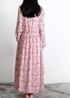 DIY Pink Print V Neck Long sleeve Party Summer Cotton Dress