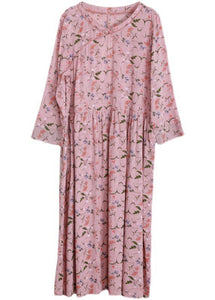 DIY Pink Print V Neck Long sleeve Party Summer Cotton Dress