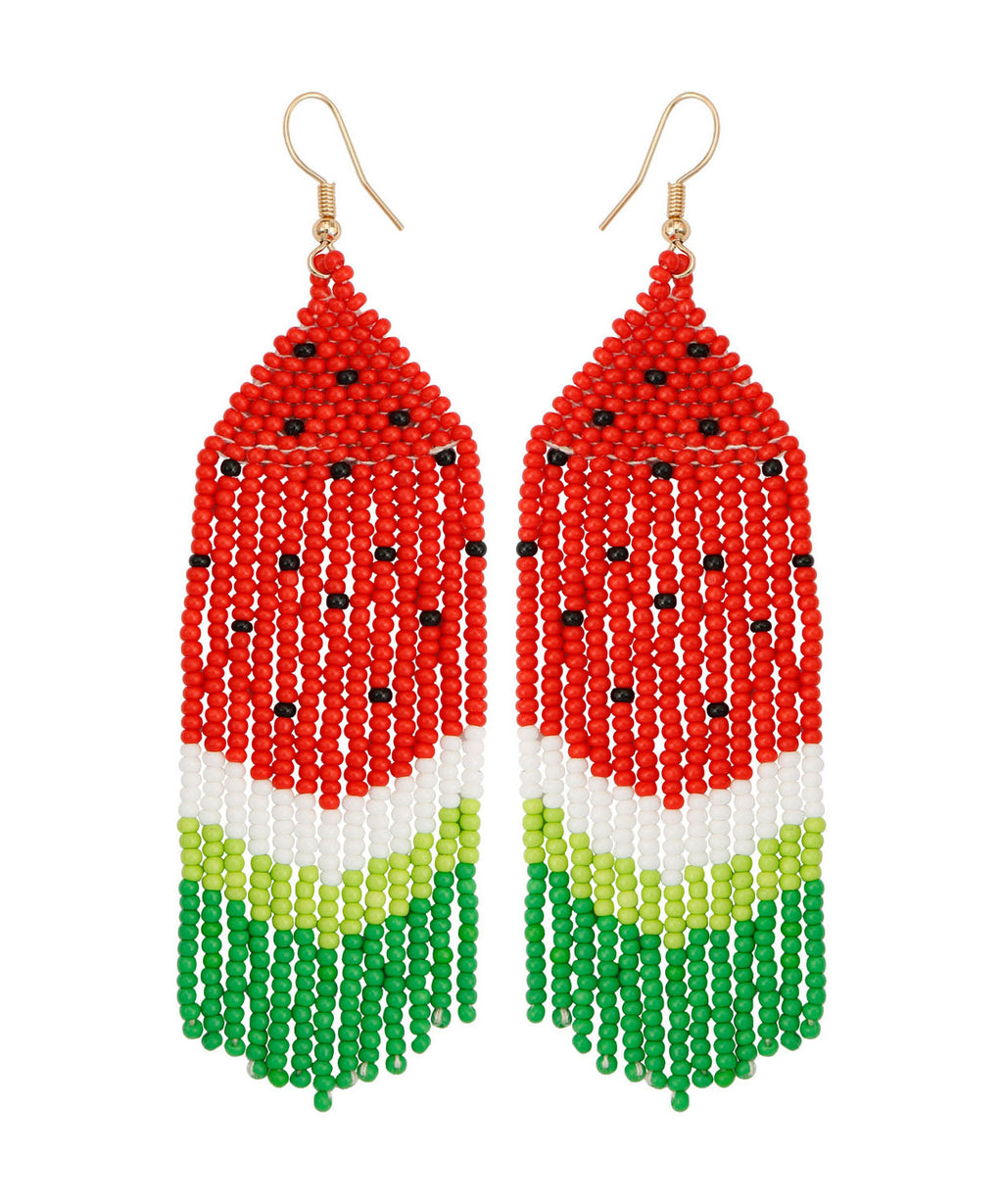 DIY Red Handmade Beading Knit Fabric Watermelon Tassel Drop Earrings