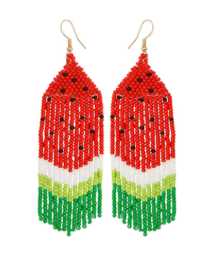 DIY Red Handmade Beading Knit Fabric Watermelon Tassel Drop Earrings