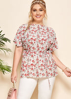 DIY Red Print Tie Waist Chiffon T Shirts Summer