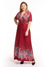 Load image into Gallery viewer, DIY Red V Neck Wrinkled Print Ice Size Long Dress Short Sleeve