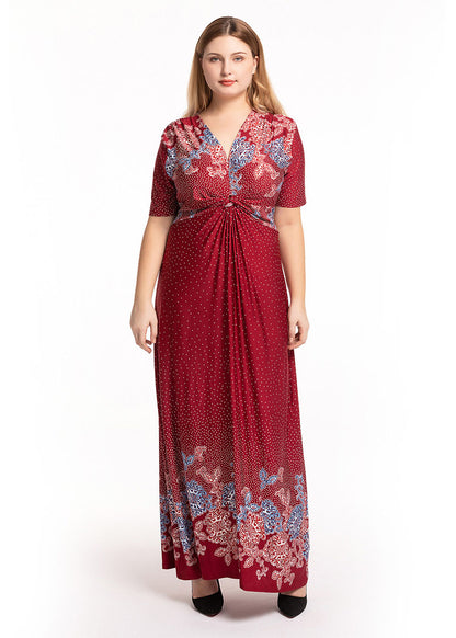 DIY Red V Neck Wrinkled Print Ice Size Long Dress Short Sleeve