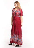 DIY Red V Neck Wrinkled Print Ice Size Long Dress Short Sleeve