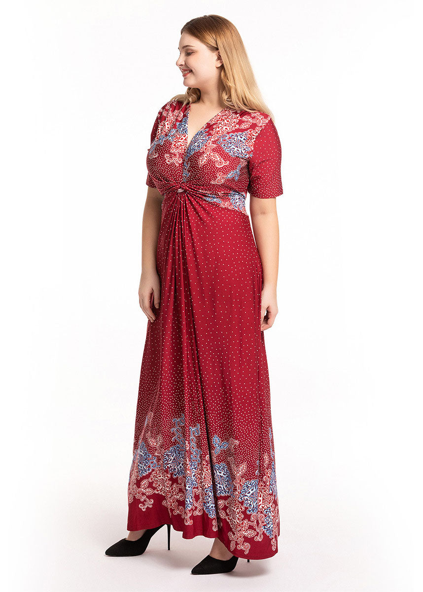 DIY Red V Neck Wrinkled Print Ice Size Long Dress Short Sleeve