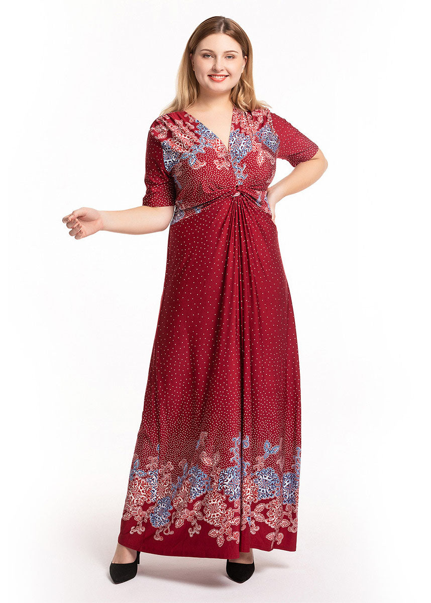 DIY Red V Neck Wrinkled Print Ice Size Long Dress Short Sleeve