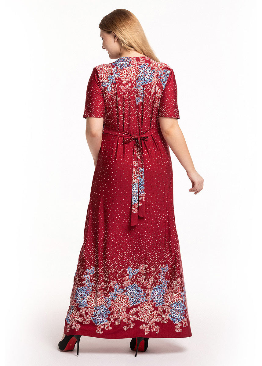 DIY Red V Neck Wrinkled Print Ice Size Long Dress Short Sleeve