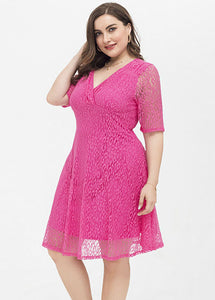 DIY Rose High Waist Patchwork Solid Lace Mid Dress Short Sleeve