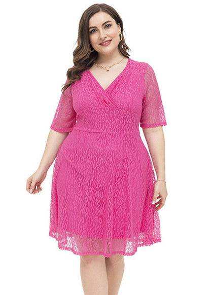 DIY Rose High Waist Patchwork Solid Lace Mid Dress Short Sleeve