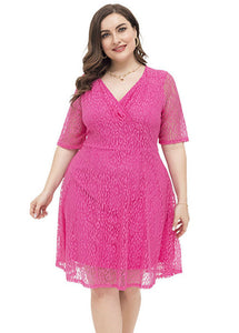 DIY Rose High Waist Patchwork Solid Lace Mid Dress Short Sleeve