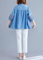 DIY denim blue cotton shirts women stand collar embroidery summer blouse