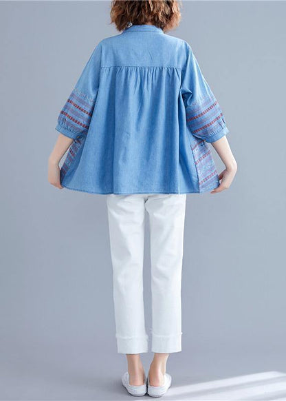 DIY denim blue cotton shirts women stand collar embroidery summer blouse