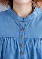 DIY denim blue cotton shirts women stand collar embroidery summer blouse
