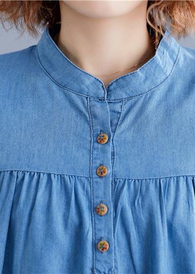 DIY denim blue cotton shirts women stand collar embroidery summer blouse