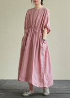 DIY o neck elastic waist linen summer dress Wardrobes pink Dresses