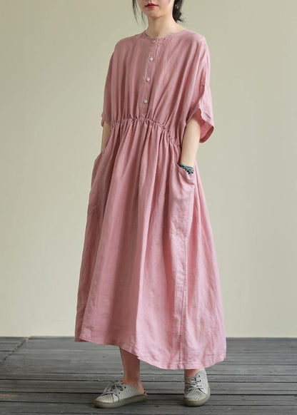 DIY o neck elastic waist linen summer dress Wardrobes pink Dresses