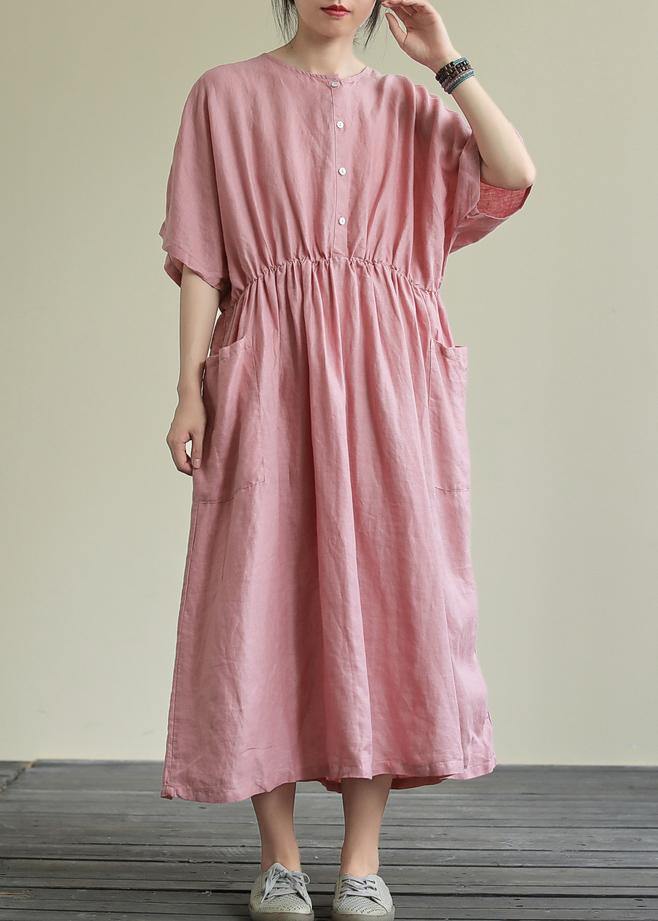 DIY o neck elastic waist linen summer dress Wardrobes pink Dresses