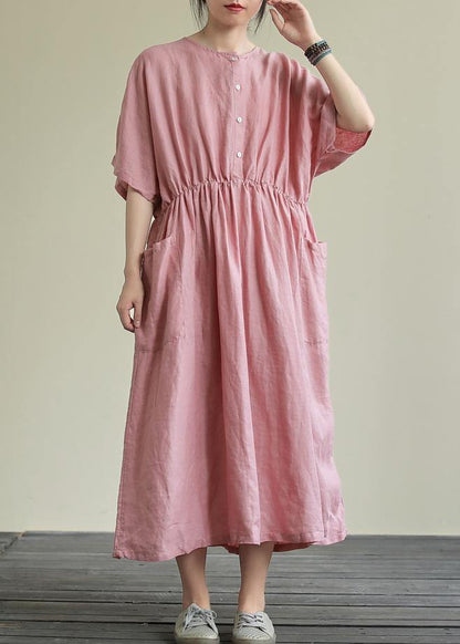 DIY o neck elastic waist linen summer dress Wardrobes pink Dresses