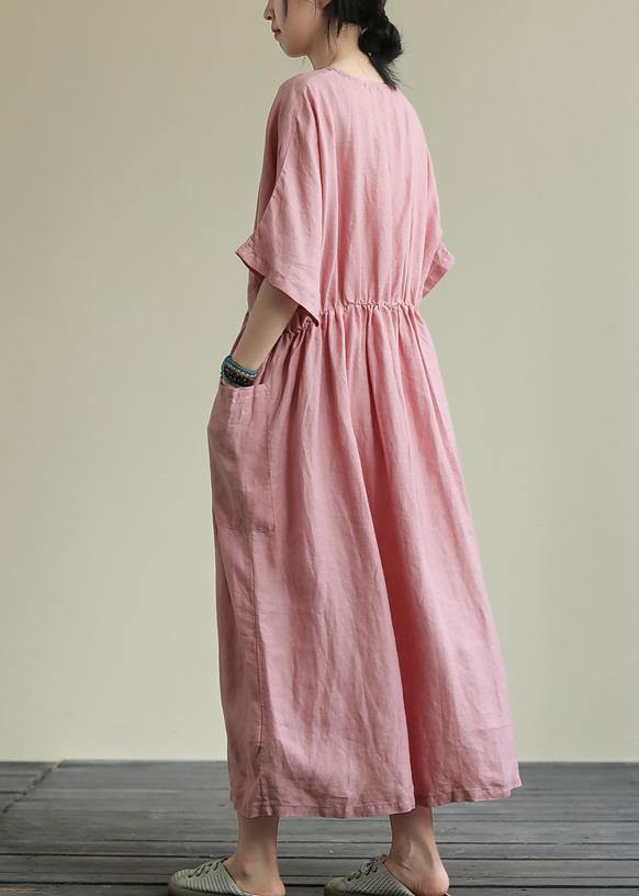 DIY o neck elastic waist linen summer dress Wardrobes pink Dresses