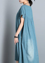 Load image into Gallery viewer, DIY o neck pockets Cotton short Sleeve denim blue Dress summer
