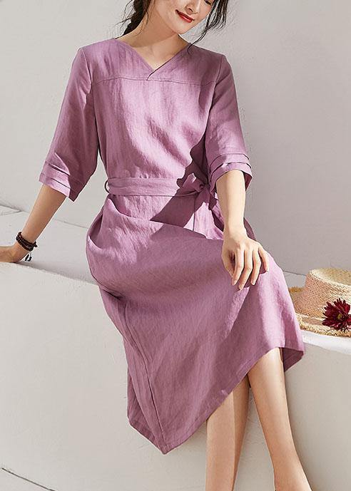DIY pink purple linen dresses v neck tie waist shift summer Dresses